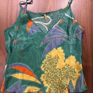 FARM Rio Green Floral V-Neck Cami with Yellow & Purple Accents